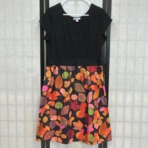 Isaac Mizrahi Leaf Print V Neck Cap Sleeve Elastic Waist Midi Dress Black Orange